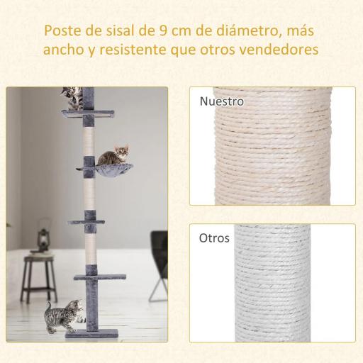 Árbol para Gatos de Suelo al Techo de 230-260 cm con Altura Ajustable Plataformas Hamaca y Postes de Sisal Gris [5]