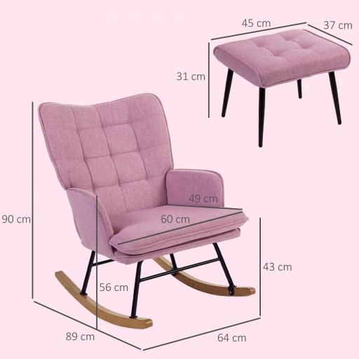Silla Mecedora con Reposapiés con Cojín Acolchado Reposabrazos Respaldo Alto Patas de Madera Carga 130 kg Rosa [1]