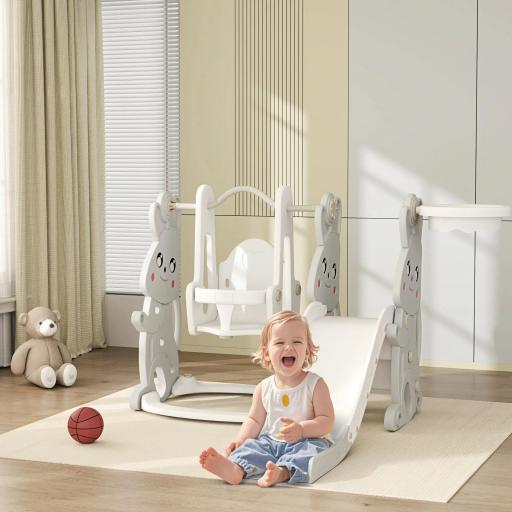 Tobogán Infantil con Columpio con Barandilla y Canasta 4 en 1 para Niños de +18 Meses 147,5x160x107 cm Gris