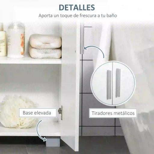 Armario de Baño con 2 Puertas y 2 Estantes Ajustables de 7 Niveles Mueble Auxiliar de Almacenaje para Salón Cocina Antivuelco 60x30x80 cm Blanco [4]
