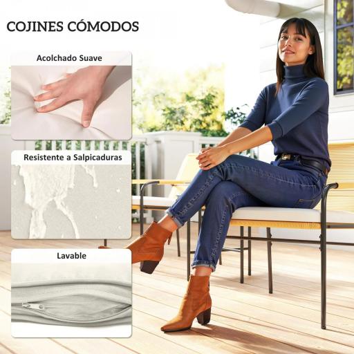 Conjunto de Muebles de Jardín de Ratán Sintético con 2 Sillas con Cojines Extraíbles y Mesa con Tablero de Metal Natural [7]