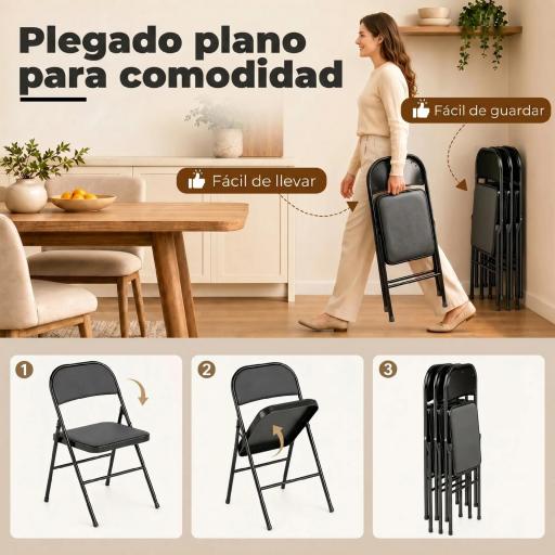 Juego de 4 Sillas Plegables Acolchadas con Respaldo y Estructura de Acero para Salón Comedor Cocina 45x46x78 cm Negro [8]