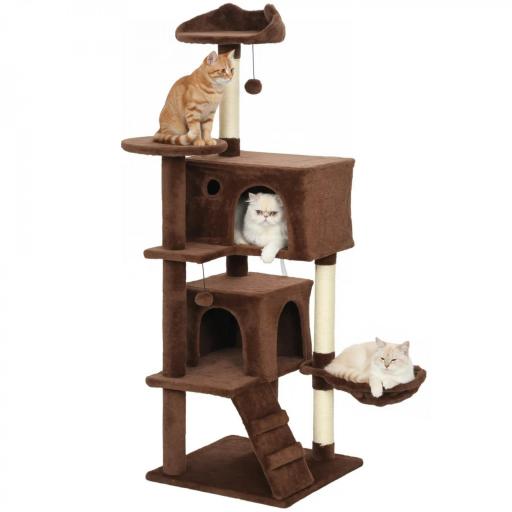Árbol Rascador para Gatos 140 cm con Plataformas Cama 2 Cuevas Hamaca Escalera Postes de Sisal Marrón [9]