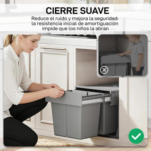 Cubo de Basura Extraíble bajo Fregadero con 2 Contenedores Capacidad Total 30L (15Lx2) Fijación Inferior Gris Claro [3]