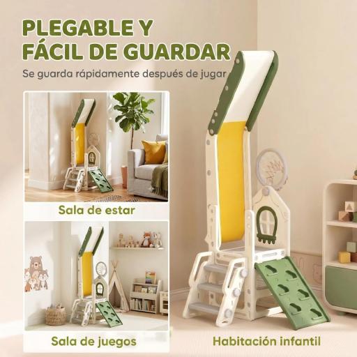 Tobogán Infantil Plegable 5 en 1 con Escalador Aro de Baloncesto Pelota Almacenamiento y Peldaños Crema [8]