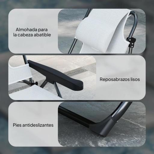 Tumbona de Jardín Plegable con Respaldo Ajustable en 4 Niveles Orificio de Lectura y Reposacabezas 145x72x89 cm Crema [7]