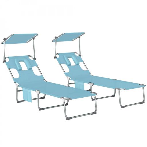 Set de 2 Tumbonas Plegables Reclinables con Dosel 360° Orificio Facial Bolsillo Lateral y Textilene 550 g/m² Azul [8]