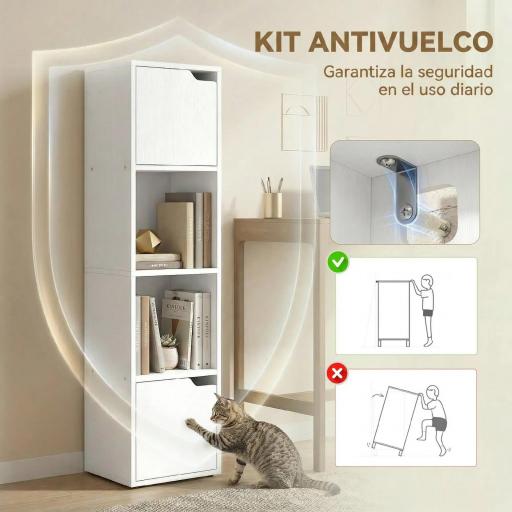 Estantería para Libros con 2 Puertas Librería Estrecha de 4 Niveles con 2 Estantes Abiertos 30x29x119 cm Blanco [4]
