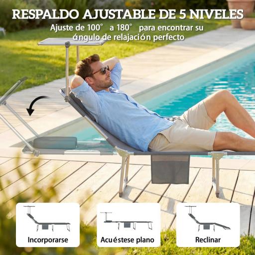 Set de 2 Tumbonas Plegables Reclinables con Dosel 360° Orificio Facial Bolsillo Lateral y Textilene 550 g/m² Gris [6]