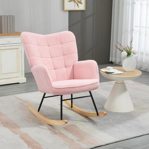 Silla Mecedora de Borreguito Sillón Balancín Oscilante 40° con Patas de Madera de Haya Carga 120 kg 71x98x101 cm Rosa