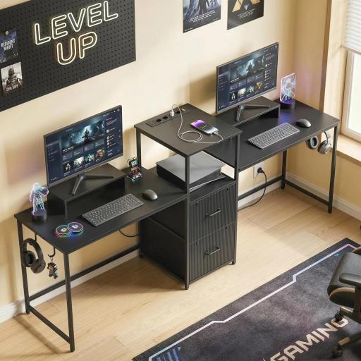 Mesa Gaming Doble de 244 cm con Estación de Carga Puertos USB Soportes para Monitor Cajones de Tela Negro [0]