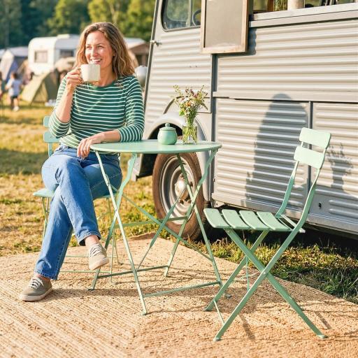 Conjunto de Jardín Plegable con 2 Sillas Plegables Mesa Redonda Estructura Metálica Electrofórica para Balcón Verde [4]