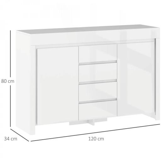 Aparador de Salón con Luces LED 4 Cajones Cierre Suave Estantes Ajustables y Mando a Distancia 120x34x80cm Blanco Brillo [1]
