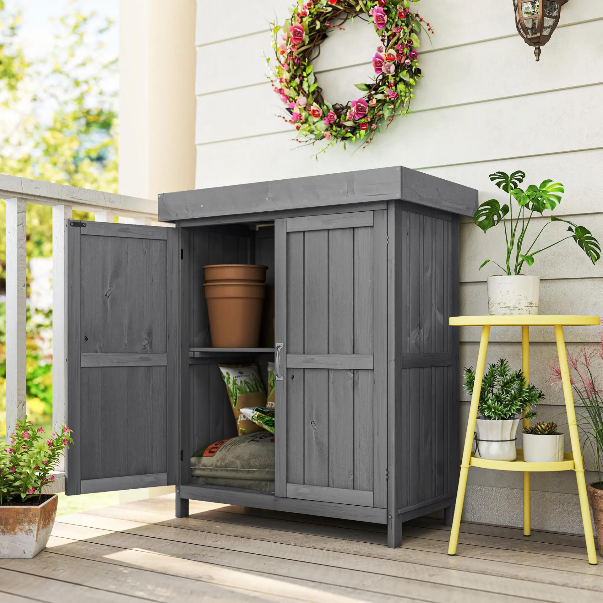 Cobertizo de Almacenamiento de Madera para Jadín 74x43x88 cm con 2 Puertas y Techo Asfáltico Abatible Gris