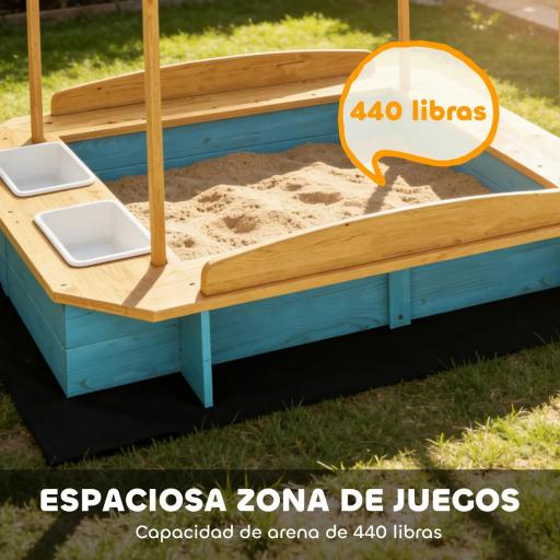 Arenero para Niños de Madera con Techo 3 Bancos 2 Cajas de PP Forro para Niños de 3-6 Años 128x118x121 cm Azul [4]