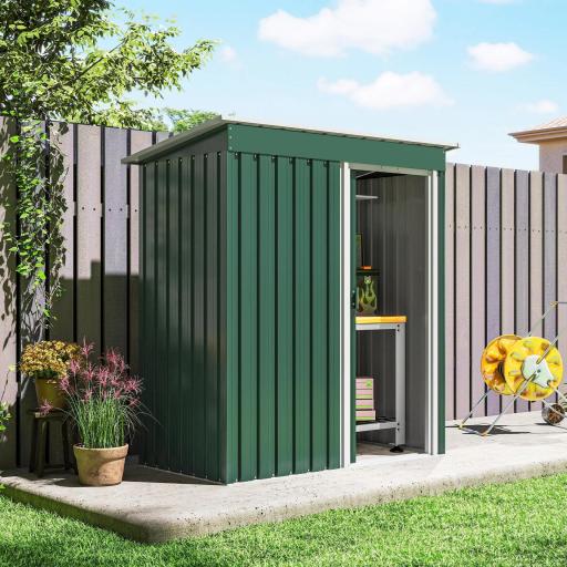Cobertizo de Jardín Exterior 1,16 m² 163x89x182 cm Caseta Metálica con Puerta Corredera y Techo Inclinado Verde [6]