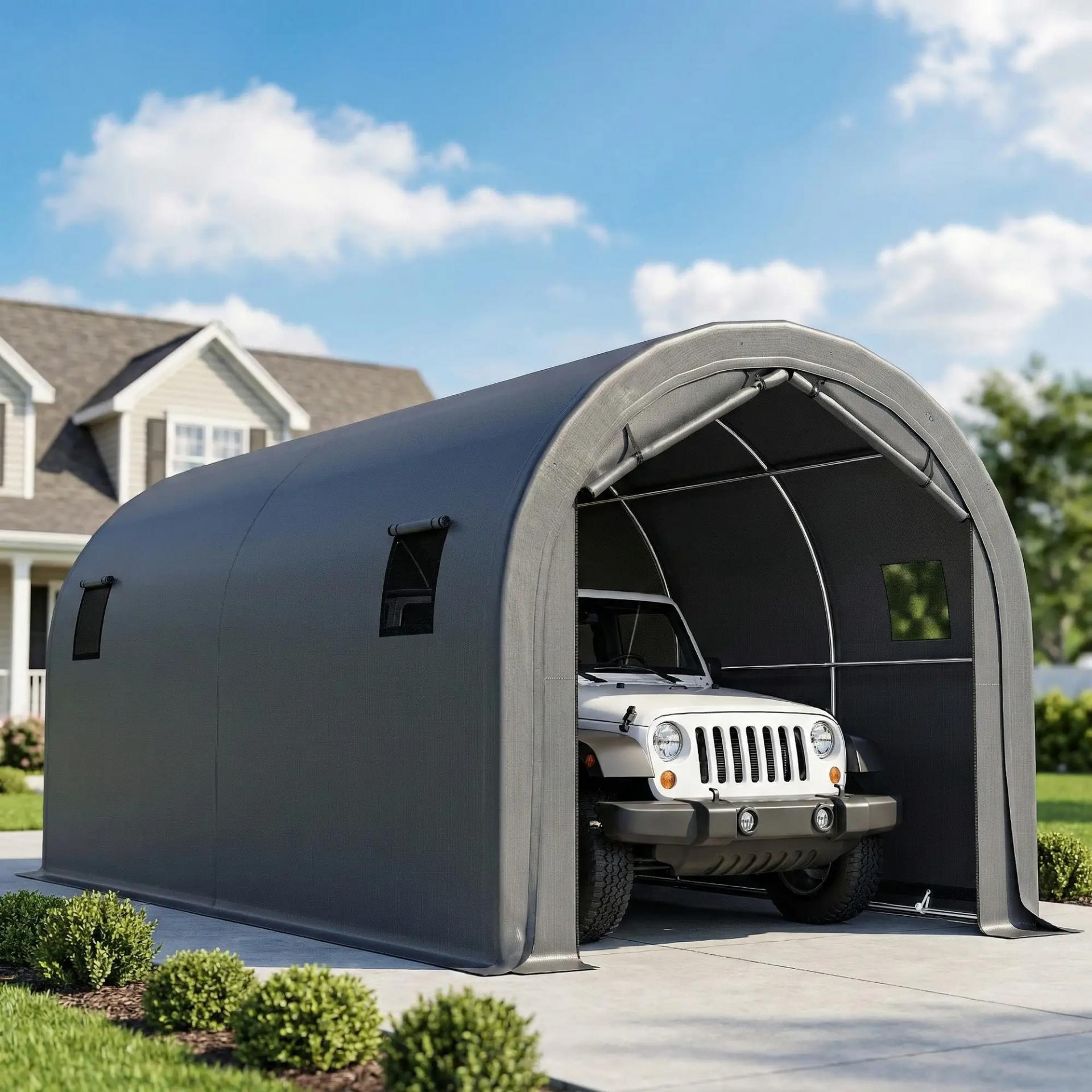 Garaje Exterior para Coche 3x6 m Impermeable con Tejido PE Resistente Marco de Metal Galvanizado UPF 30+ Gris Oscuro