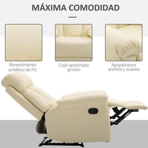 Sillón Relax Reclinable hasta 150° Tapizado en PU Butaca de Salón con Reposapiés Retráctil Respaldo Alto Resposabrazos para Dormitorio 80x97x107 cm Blanco [5]