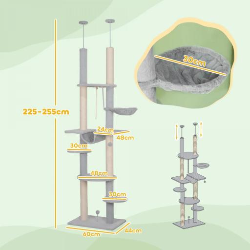 Árbol para Gatos de Suelo a Techo 225-255 cm con Hamacas Plataformas Juguete de Cuerda Bola de Juguete Gris [1]