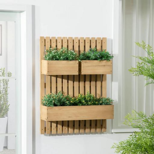 Jardinera de Pared de Madera con Enrejado y 3 Macetas Móviles para Jardín Terraza Patio 60x16x80 cm Natural