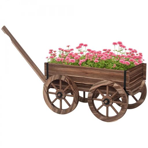 Jardinera de Madera Exterior en Forma de Carrito con 4 Ruedas y Mango para Balcón Jardín Patio 120x41x54 cm Carbonizado [9]