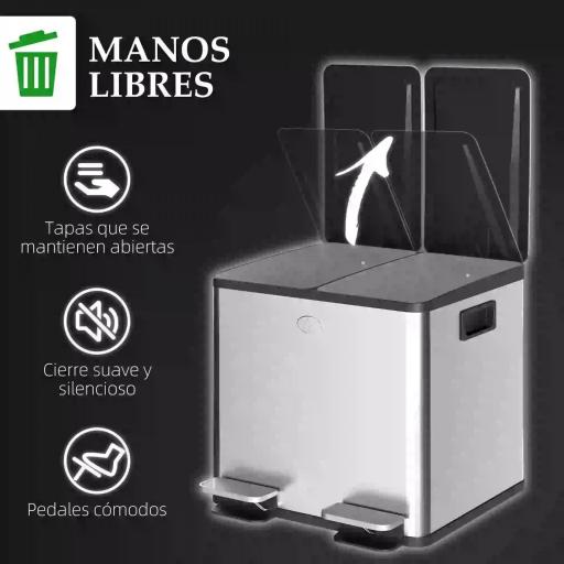 Papelera Cocina de Acero Inoxidable con 2 Compartimentos 2x15L Pedal Tapas de Cierre Suave y Cubo Extraíble Plata [5]
