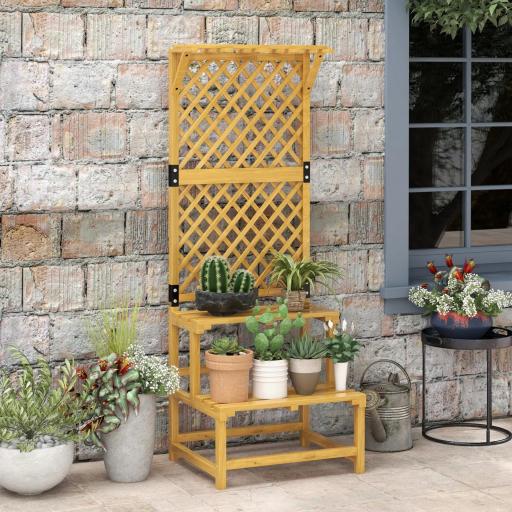 Soporte para Plantas de Madera Estantería para Plantas de 2 Niveles con Enrejado para Jardín Patio Terraza Natural [4]