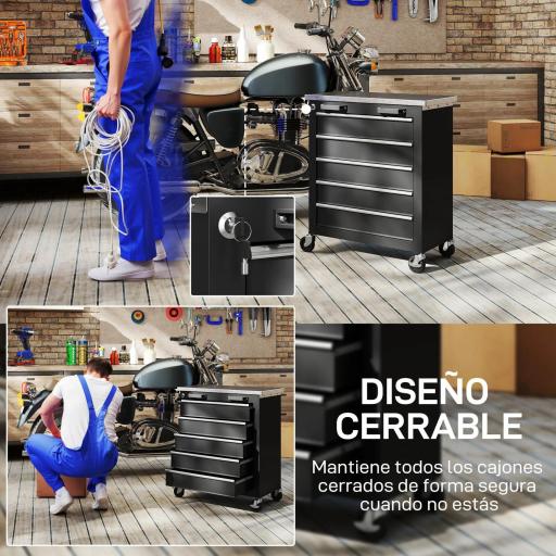 Carro de Herramientas con Ruedas Carro de Taller de Acero con 5 Cajones Conectores Laterales para Garaje Negro y Plata [6]