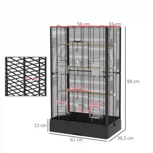 Jaula para Pájaros 61x36,5x98 cm con 8 Puertas 5 Perchas Bandeja Extraíble y 4 Comederos para Periquitos Pinzones Negro [1]