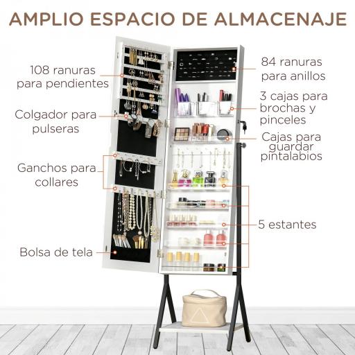 Espejo Joyero de Pie Cuerpo Entero Ajustable en Ángulo Armario de Joyería con Estante Inferior Cerradura Magnética Ranuras y Cajas para Joyas 47x36x157 cm Blanco y Negro [4]