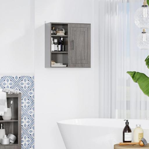 Armario de Baño de Pared con 3 Estantes Abiertos y 1 Puerta Mueble Auxiliar Suspendido Moderno 48x20x50 cm Gris [6]