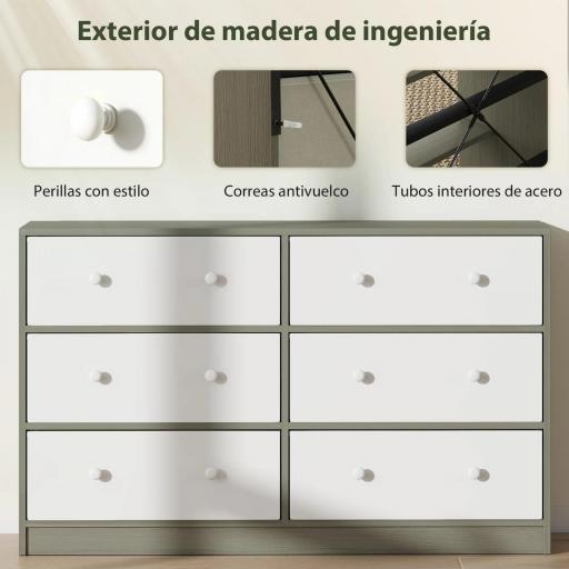 Cómoda con 6 Cajones de Tela Marco de Acero y MDF Cajonera para Salón Oficina Vestidor Blanco y Gris [2]