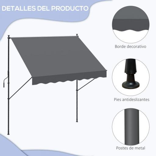 Toldo Manual Retráctil 200x175x210-310 cm Ajustable con Manivela Protección Solar UV40+ para Balcón Terraza Gris [6]