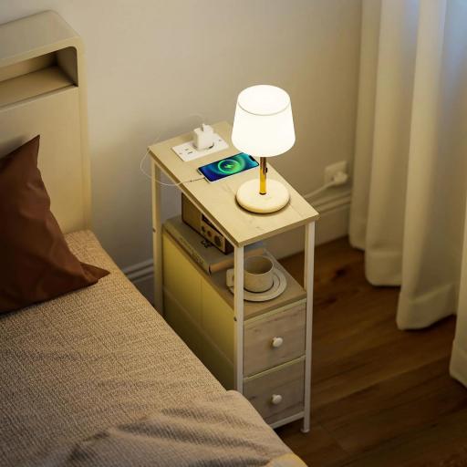 Juego de 2 Mesitas Auxiliares Estrechas con Enchufe Toma AC Puerto USB Puerto USB-C 2 Cajones de Tela Natural [7]