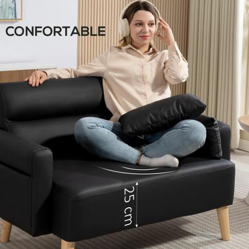 Sofá de 2 Plazas con Tapizado de Cuero Sintético Acolchado Grueso y Patas de Madera para Salón 117x78x78 cm Negro [7]