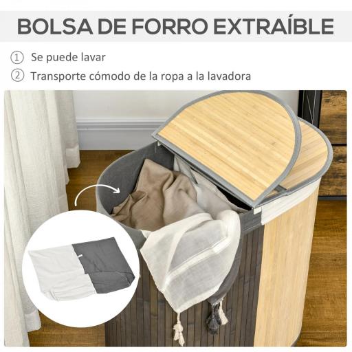 Cesto para Ropa Sucia de Bambú Capacidad de 100L Cesta para la Colada con 2 Compartimentos 62,5x37x60,5 cm Gris [4]