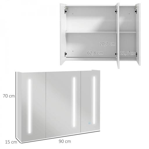 Armario con Espejo de Baño con 3 Puertas Estantes Ajustables Interruptor Táctil y USB 90x15x70 cm Blanco Brillante [5]