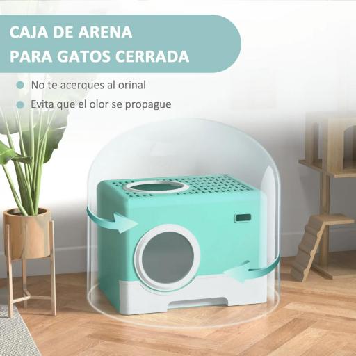 Arenero para Gatos Cubierto con Pala Bandeja Extraíble Entrada Frontal y Salida Superior 52x41x38,5 cm Verde [4]