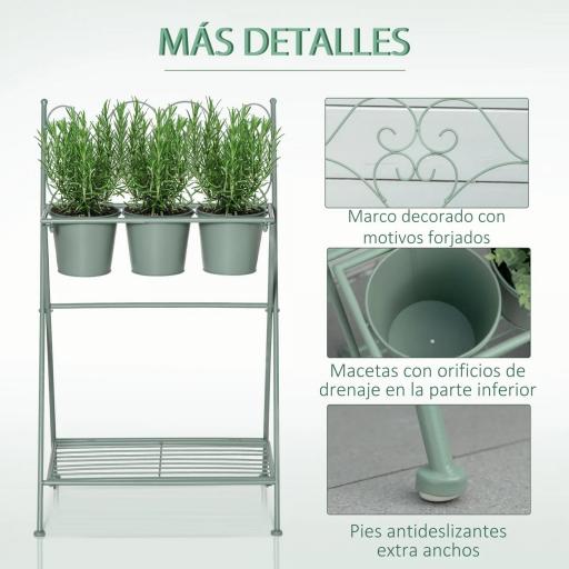 Soporte de Metal para Plantas Plegable con 3 Macetas Incluidas y Estante Inferior Porta Macetero Decorativo de Flores para Interiores y Exteriores 47x37x78,5 cm Verde [4]