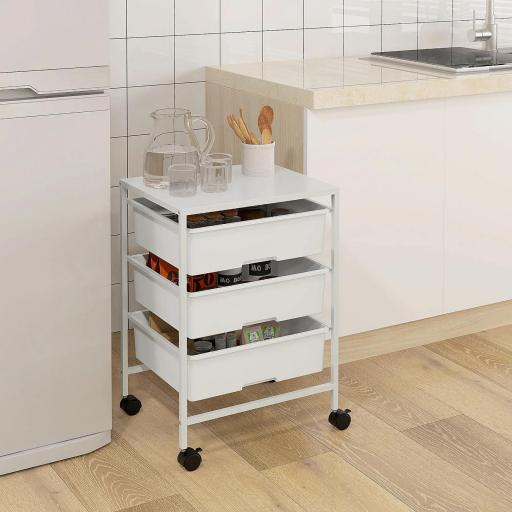 Carrito Auxiliar con Ruedas con 3 Cestas para Almacenamiento y Marco de Acero para Cocina Baño 40,8x33,5x60,5 cm Blanco