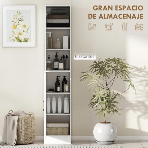 Armario para Baño Alto Mueble Columna de Baño con Espejo 2 Puertas y Estantes Ajustables Multiusos 32x28x162 cm Blanco [3]