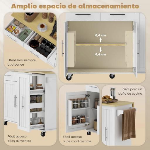 Isla de Cocina con Ruedas Encimera Plegable 2 Puertas con Cierre Suave Bandeja Extraíble 2 Cajones Blanco [2]