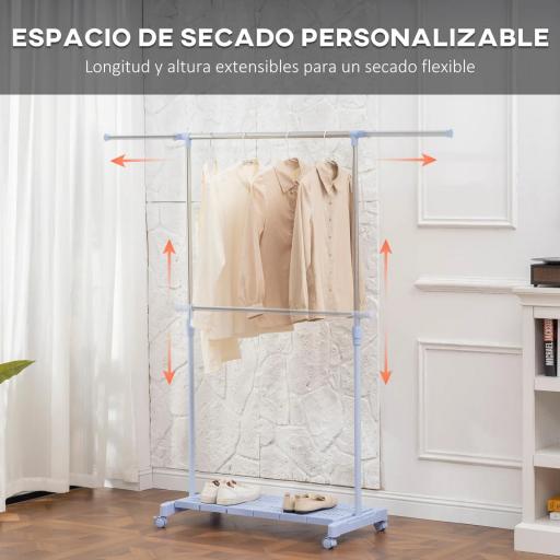 Tendedero Extensible con Ruedas con Barra de Acero Inoxidable y Estante para Zapatos 159x42x168 cm Azul y Plata [8]