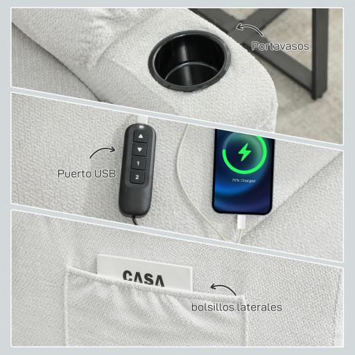 Sillón Relax Reclinable Eléctrico Silencioso con Función Memoria Reposapiés Mando a Distancia Bolsillos Laterales Crema [6]