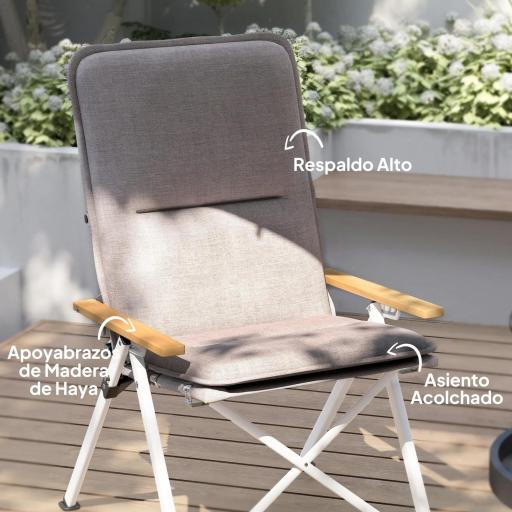 Sillas de Camping Plegables de Aluminio con Respaldo Alto Ajustable Reposabrazos de Madera 59x67x96 cm Gris Claro [5]