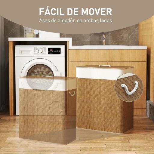 Cesto de Ropa Sucia de Bambú con 2 Compartimentos Asas para Facilitar el Uso y Bolsas Desmontables Lavables 52x32x63 cm [2]