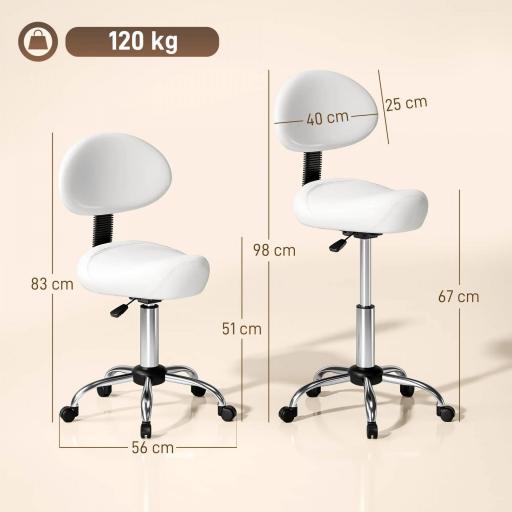 Taburete Giratorio con Respaldo y Ruedas Silla Ajustable para Salones de Belleza Estudio de Tatuajes 50x50x83-98cm Blanco [1]