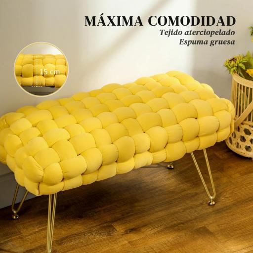 Banco Pie de Cama Tapizado en Terciopelo Reposapiés con Patas de Metal y Asiento Acolchado Amarillo [8]
