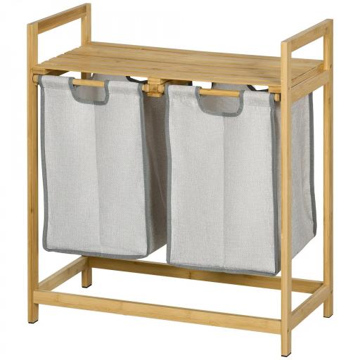 Cesto de la Ropa Sucia de Bambú con 2 Bolsas Extraíbles y Estante Carga 20kg 2x40,6L 64x33x73 cm Natural [4]
