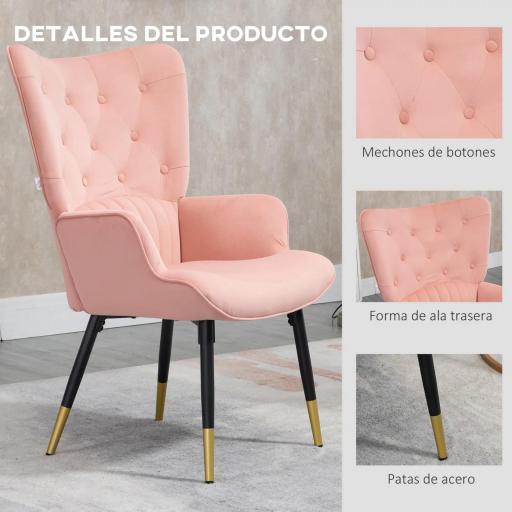 Butaca de Salón Sillón Individual Tapizado en Terciopelo con Respaldo Alto Estilo Moderno 68x72x103 cm Rosa [3]